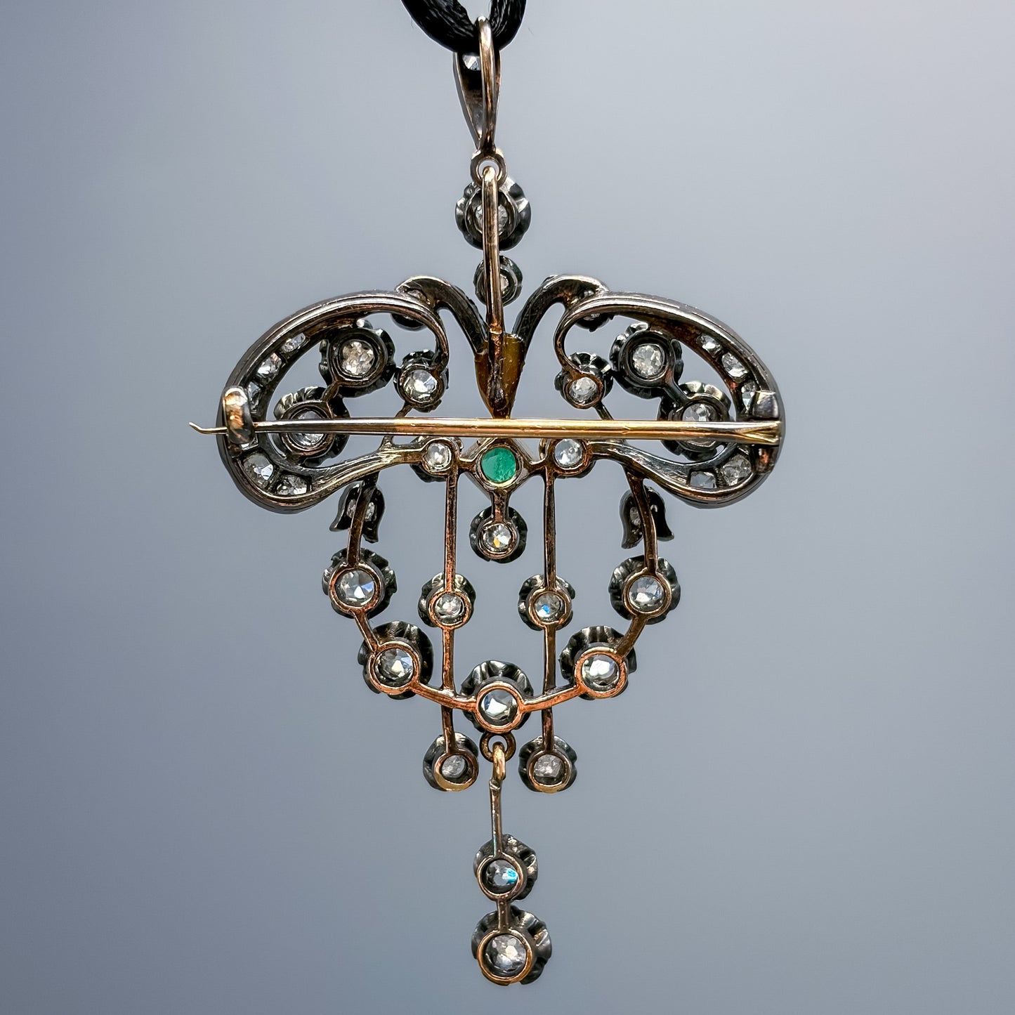 Antique Victorian 18k, Silver, Diamond & Emerald Pendant