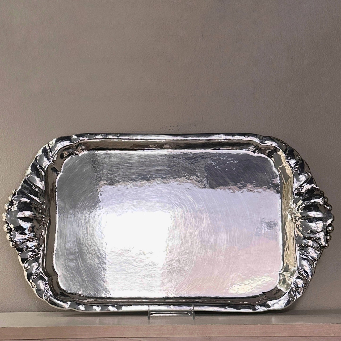 Estate Sterling Silver Extra Large Serving Tray with Leaf and Beaded Handles by Peer Smed