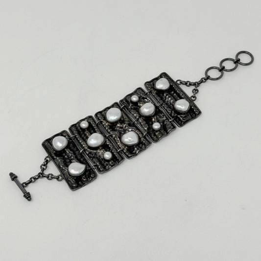 Estate Sterling Silver Brutalist Style South Sea Baroque Pearl Toggle Bracelet