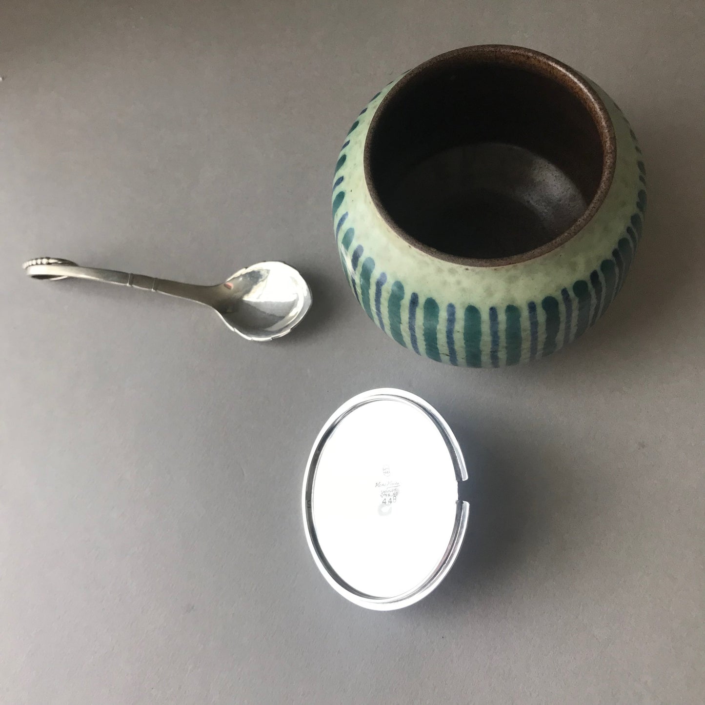 Hans Hansen Sterling Silver and Ceramic Jam Pot with Georg Jensen Jam Spoon