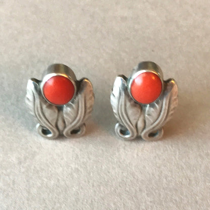 Georg Jensen Sterling Silver Foliate Earrings No. 108 with Coral