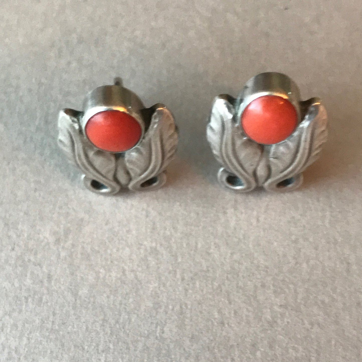 Georg Jensen Sterling Silver Foliate Earrings No. 108 with Coral