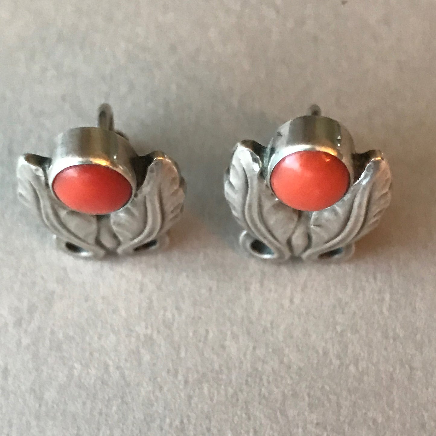 Georg Jensen Sterling Silver Foliate Earrings No. 108 with Coral