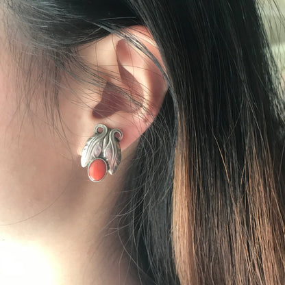 Georg Jensen Sterling Silver Foliate Earrings No. 108 with Coral