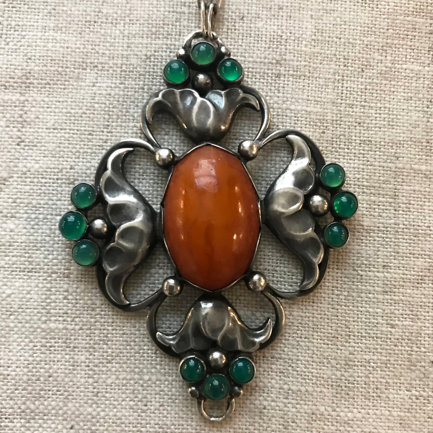 Early Georg Jensen 830 Silver Large Pendant  No. 40 with Amber and Chrysoprase