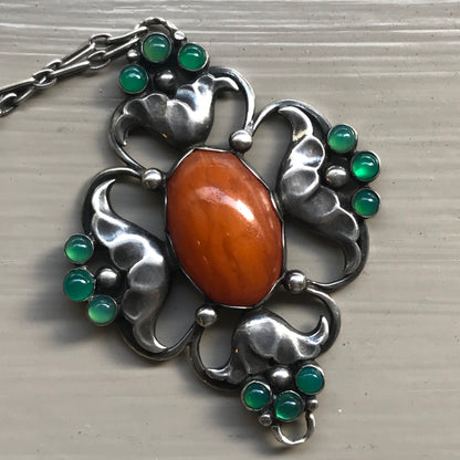 Early Georg Jensen 830 Silver Large Pendant  No. 40 with Amber and Chrysoprase