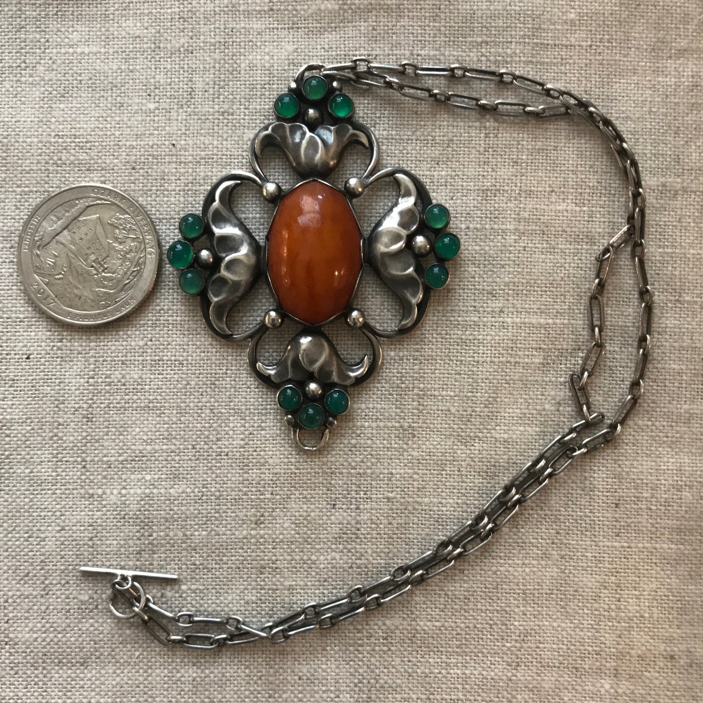 Early Georg Jensen 830 Silver Large Pendant  No. 40 with Amber and Chrysoprase