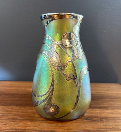 Quezal Vase with Gorham Sterling Silver Overlay