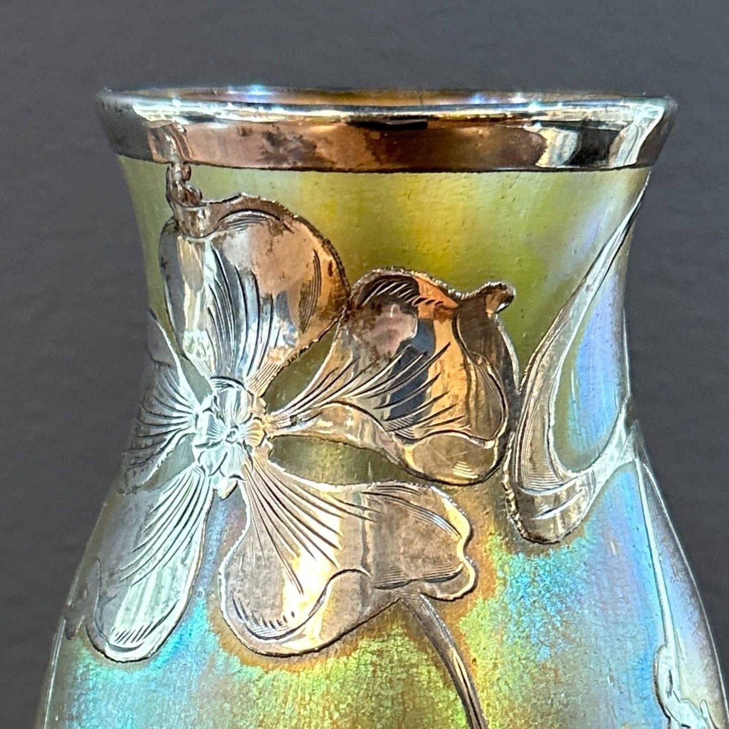 Quezal Vase with Gorham Sterling Silver Overlay