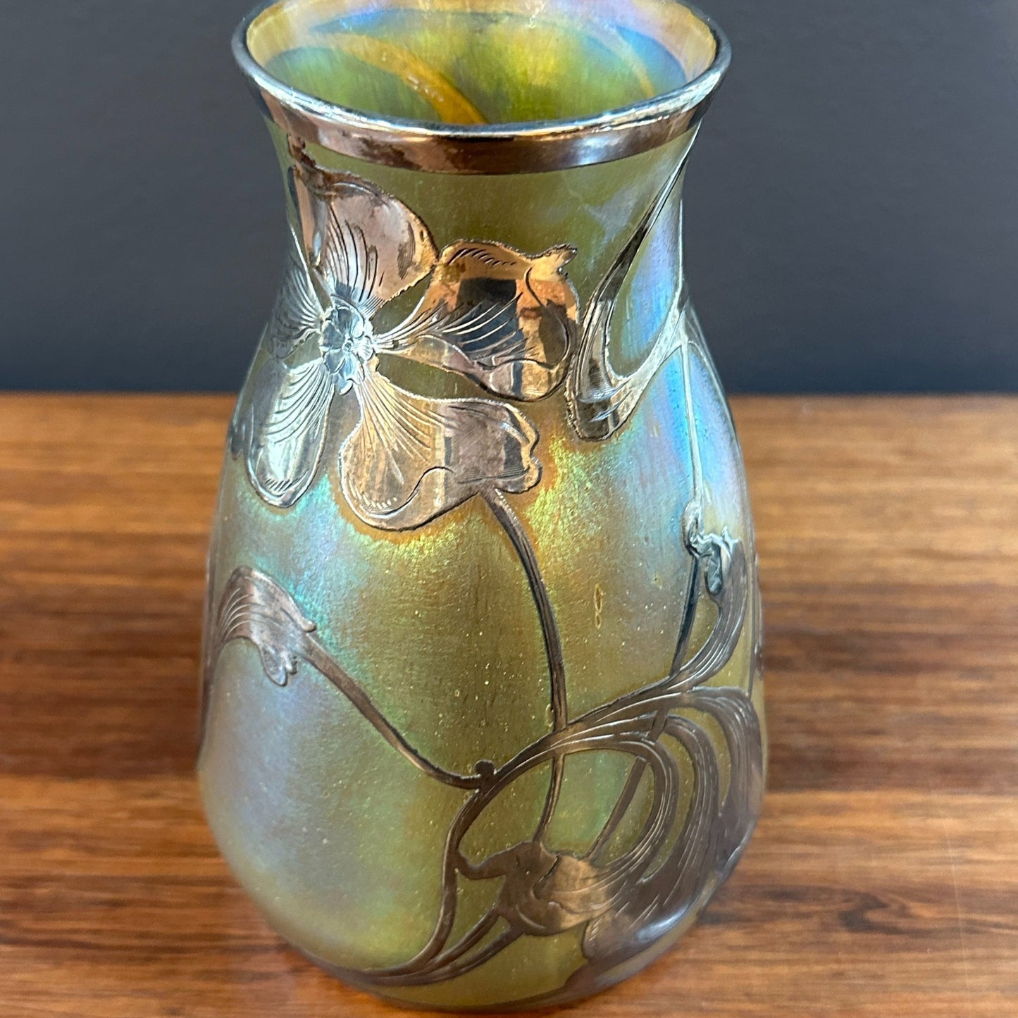 Quezal Vase with Gorham Sterling Silver Overlay