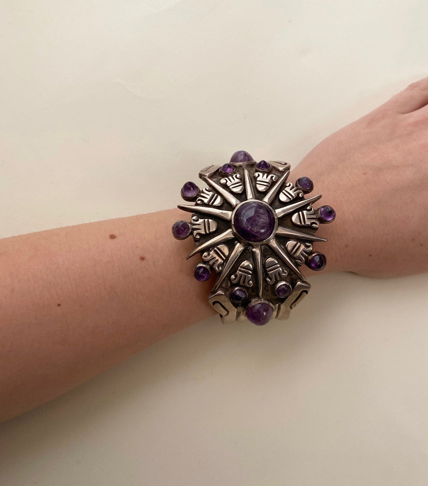 William Spratling Sterling Silver Aztec Sun Cuff with Amethyst