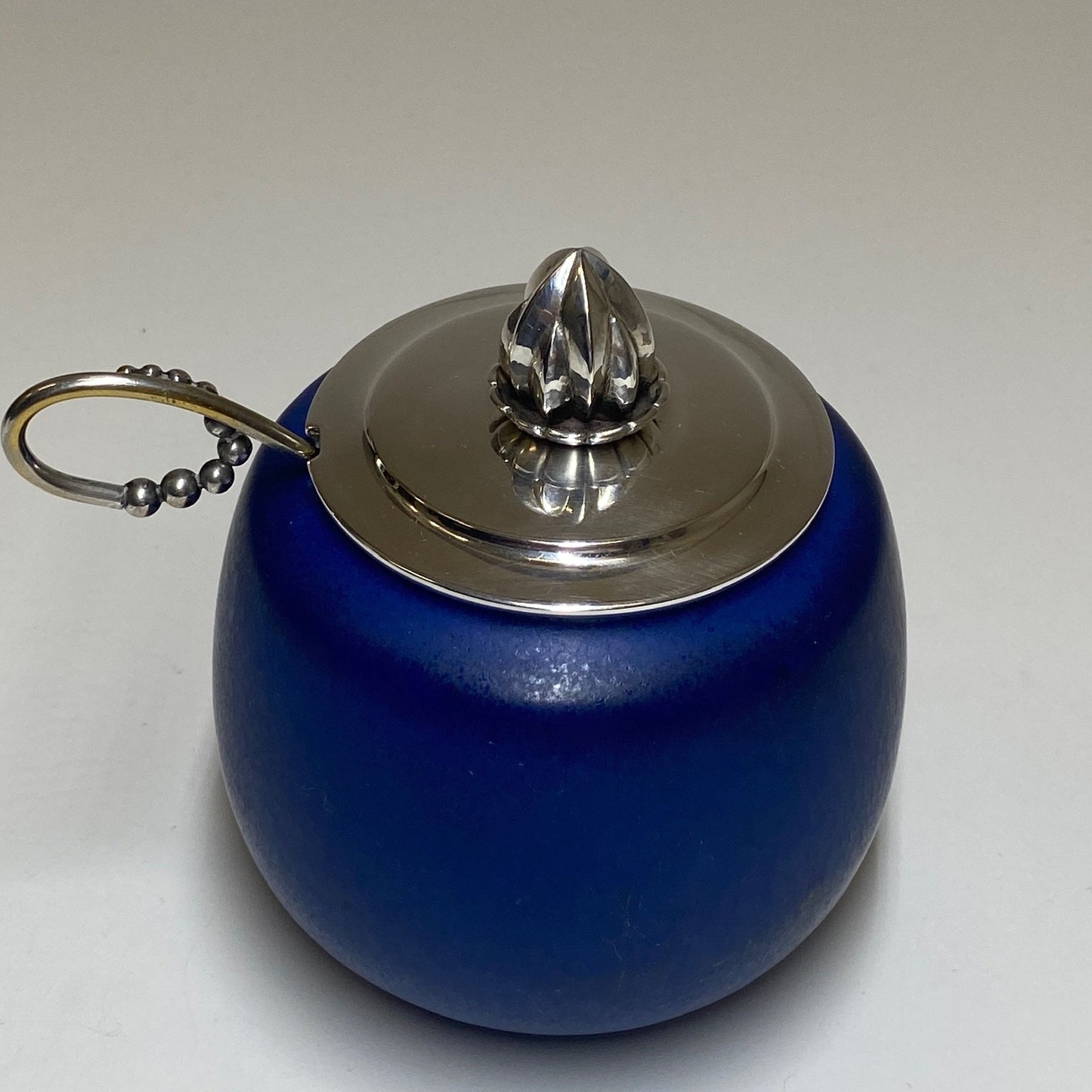 Georg Jensen Saxbo Jam Pot with Sterling Silver Lid and Napier Spoon, Design 4050C