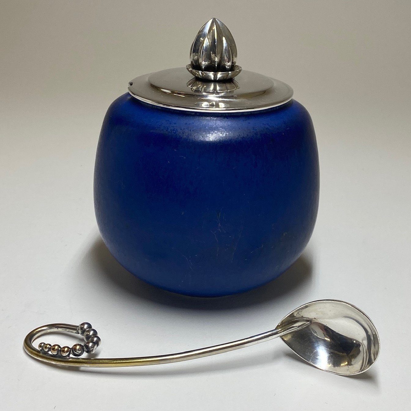 Georg Jensen Saxbo Jam Pot with Sterling Silver Lid and Napier Spoon, Design 4050C