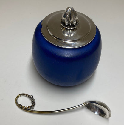 Georg Jensen Saxbo Jam Pot with Sterling Silver Lid and Napier Spoon, Design 4050C