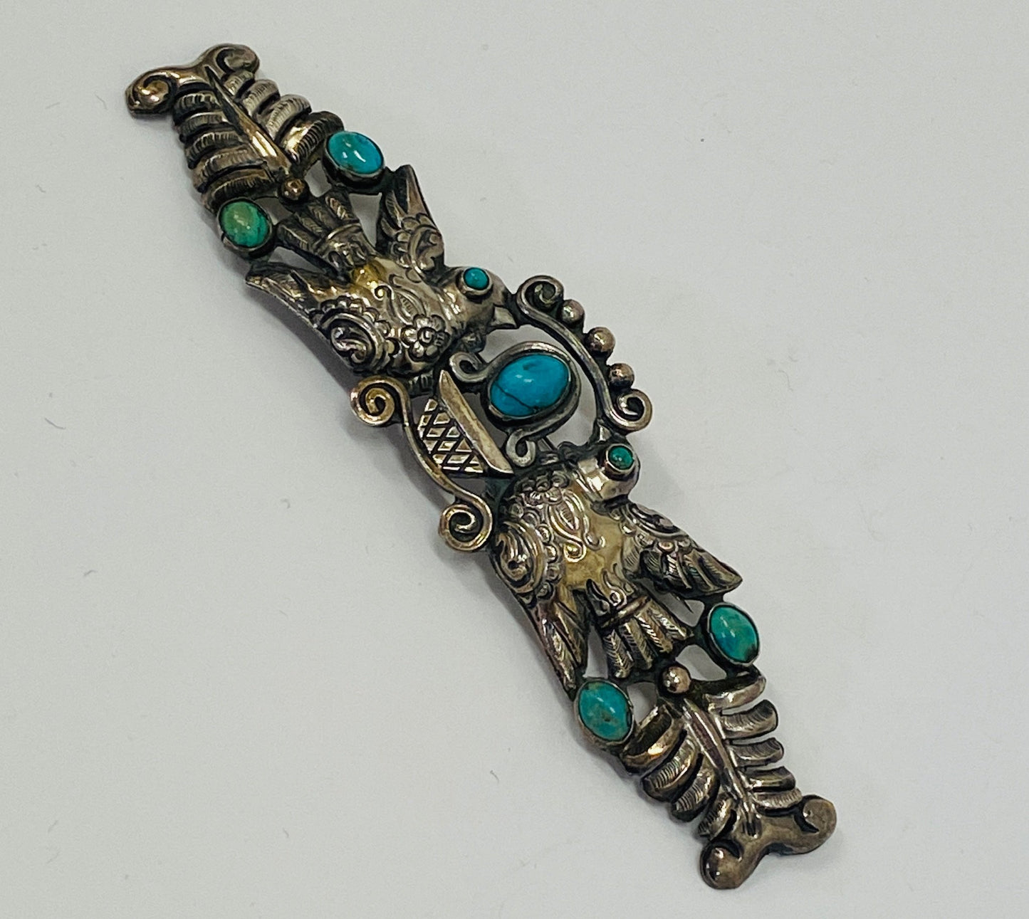 Estate Matl Silver and Turquoise Brooch with Lovebirds