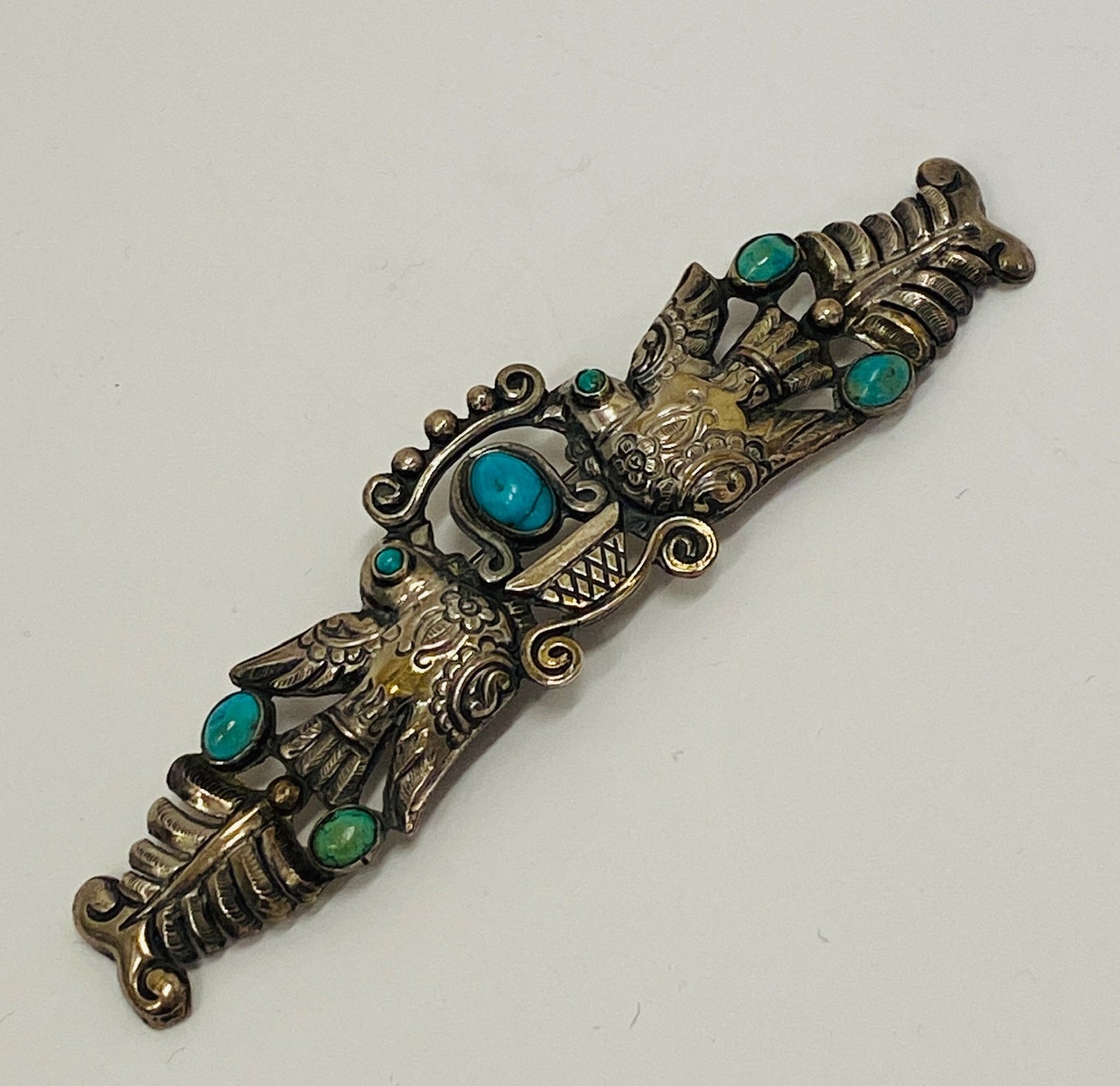 Estate Matl Silver and Turquoise Brooch with Lovebirds