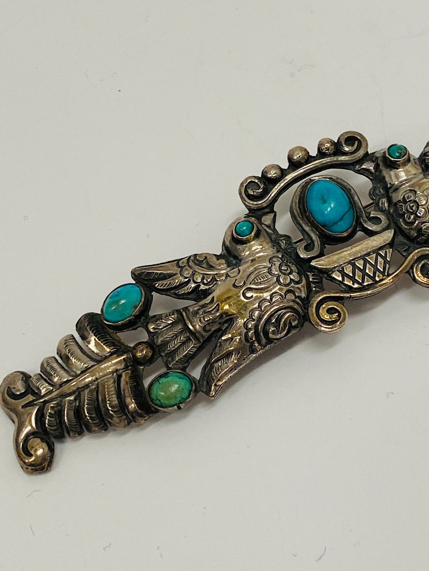 Estate Matl Silver and Turquoise Brooch with Lovebirds