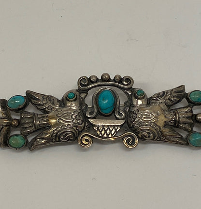 Estate Matl Silver and Turquoise Brooch with Lovebirds