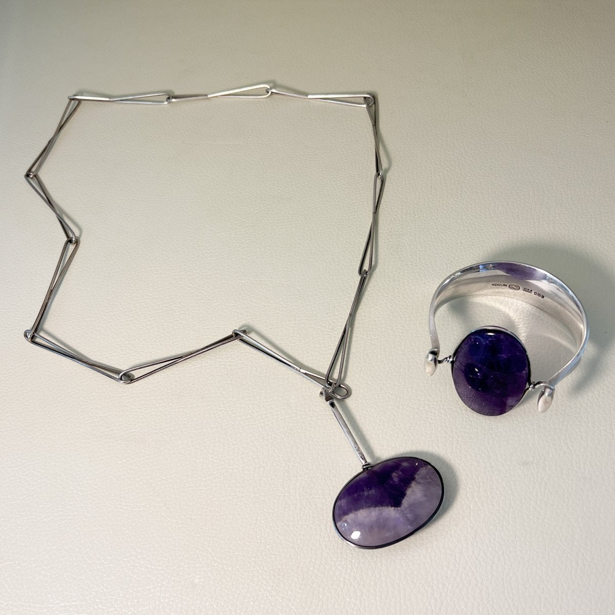 Estate Georg Jensen Sterling Silver and Amethyst Lozenge Cuff Bracelet by Vivianna Torun No. 203/203A