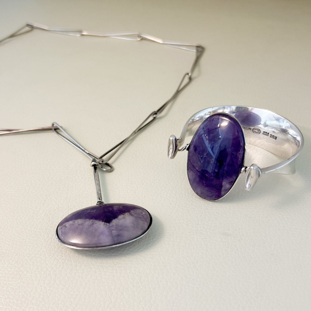 Estate Georg Jensen Sterling Silver and Amethyst Lozenge Cuff Bracelet by Vivianna Torun No. 203/203A