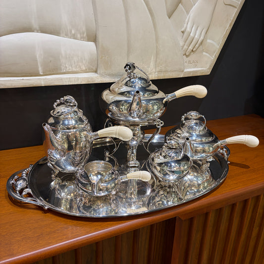 Estate Sterling Silver Georg Jensen "Blossom" Tea Set w Bone Handles no 2B, 2D, 2S