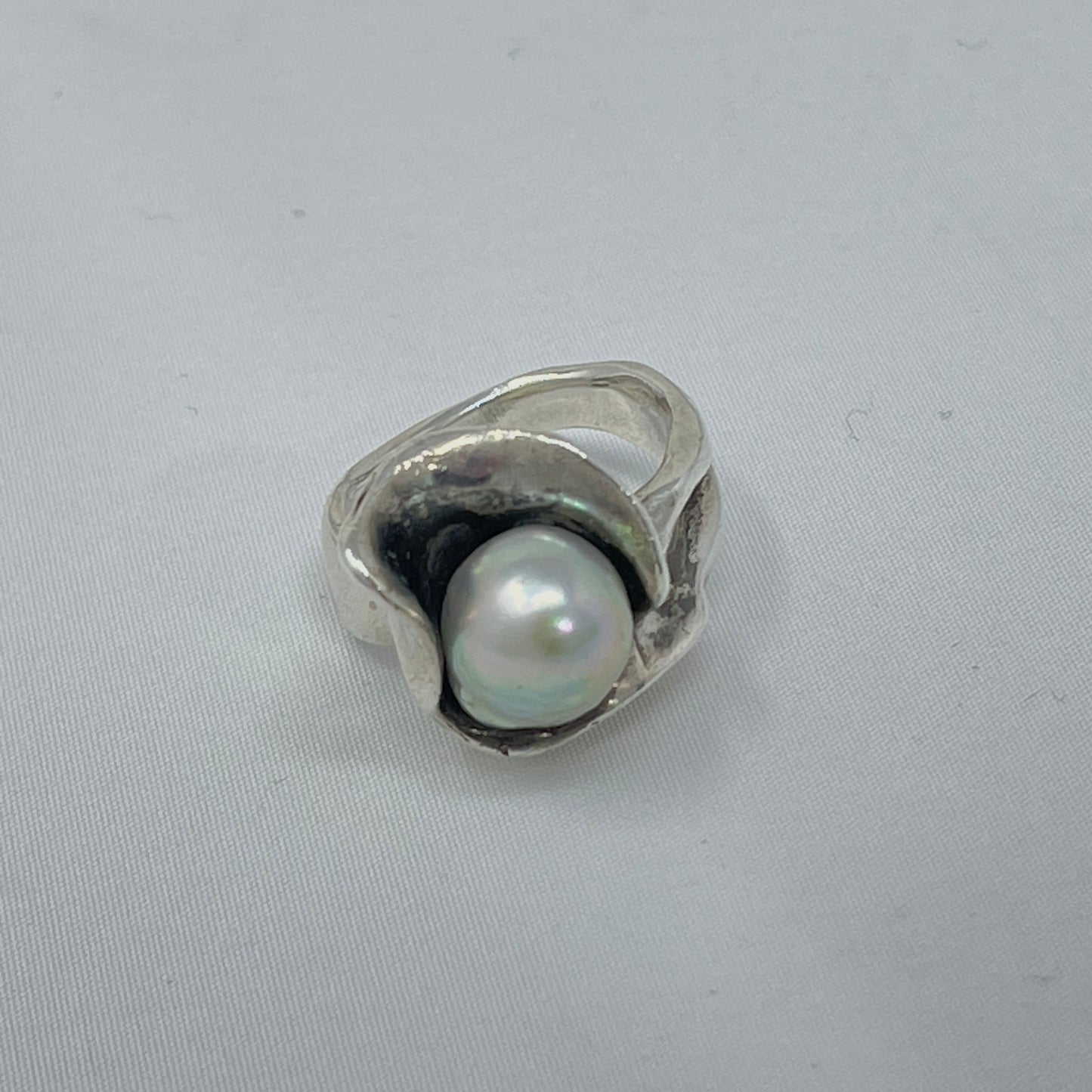 Estate Sterling Silver Clam with Pearl Ring by Phyllis Sklar
