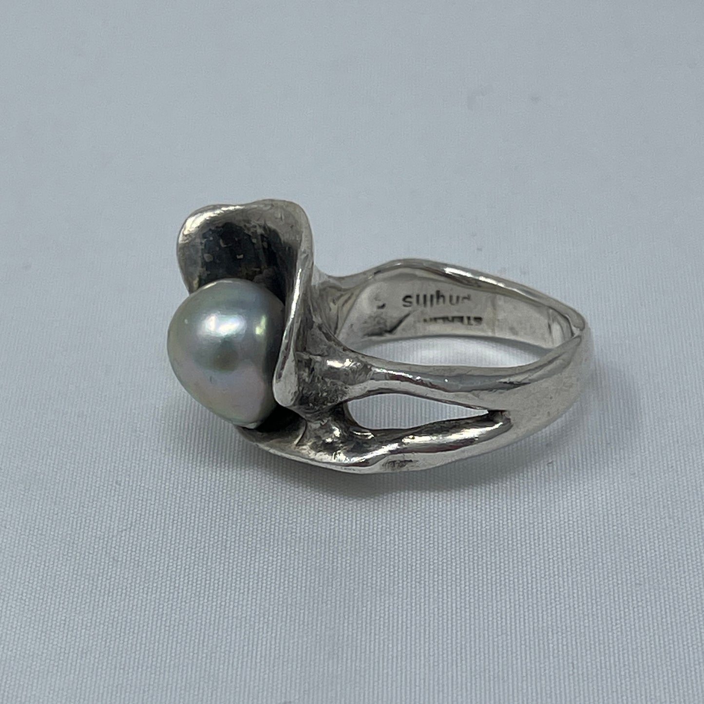 Estate Sterling Silver Clam with Pearl Ring by Phyllis Sklar
