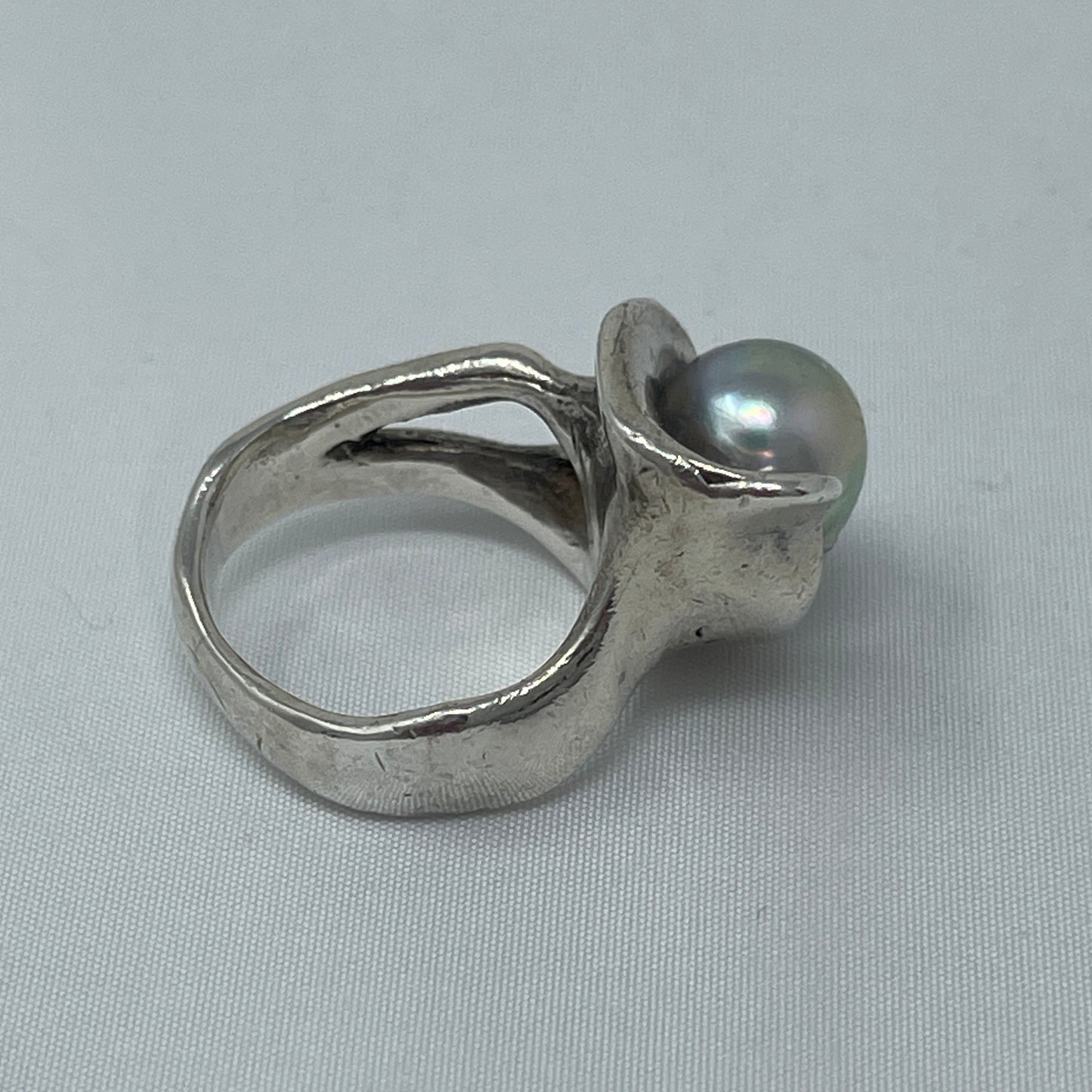 Estate Sterling Silver Clam with Pearl Ring by Phyllis Sklar