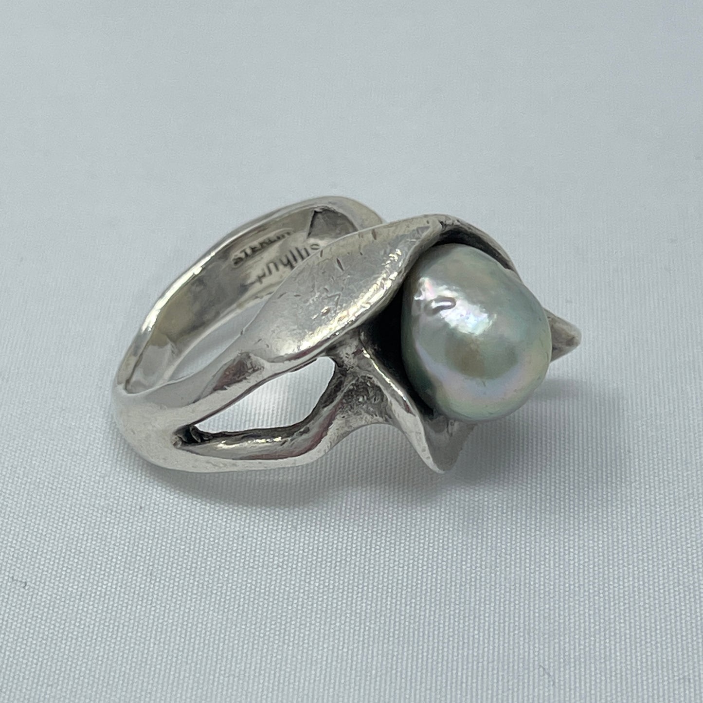 Estate Sterling Silver Clam with Pearl Ring by Phyllis Sklar