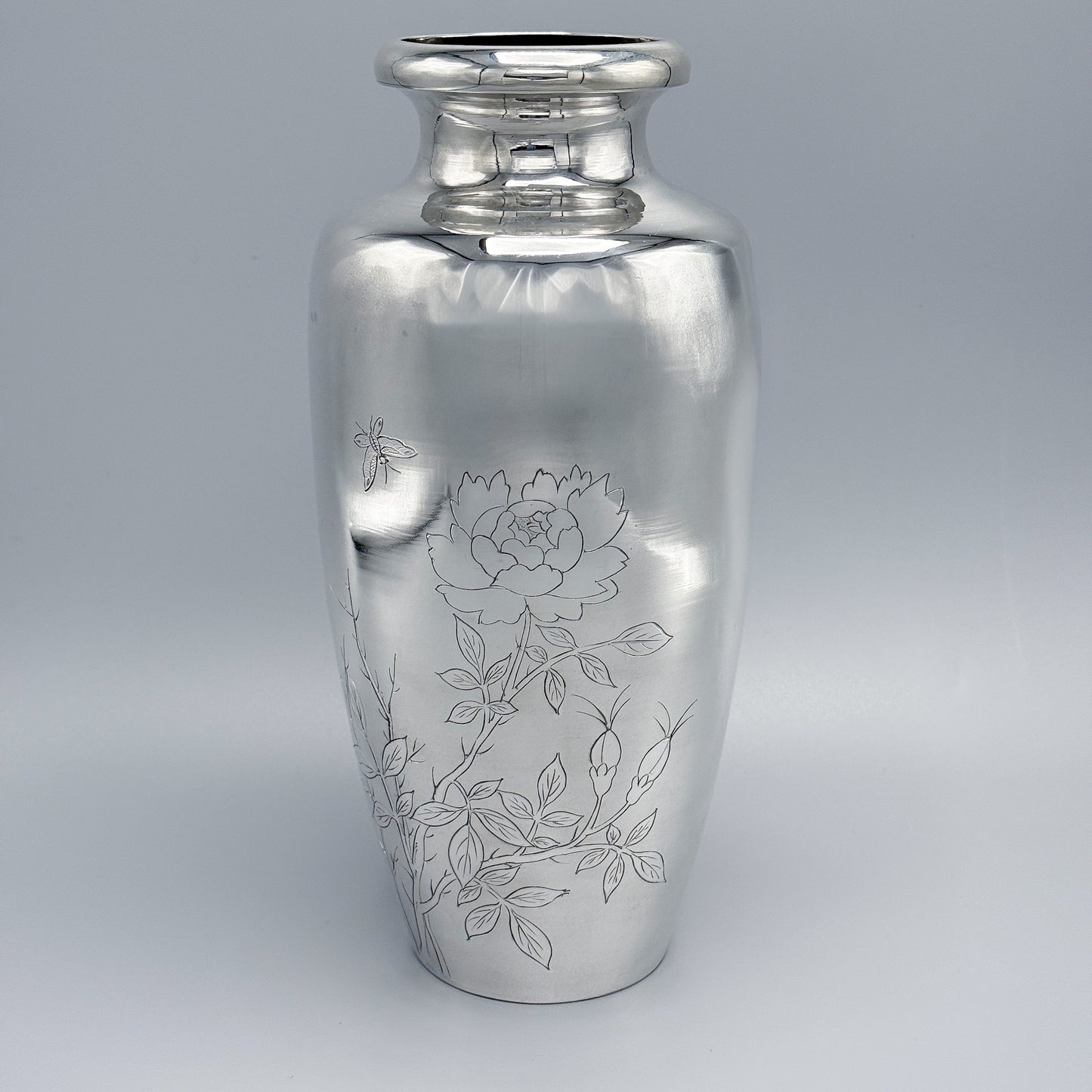 Japanese Sterling Silver Vase 1954 with Floral Engraving