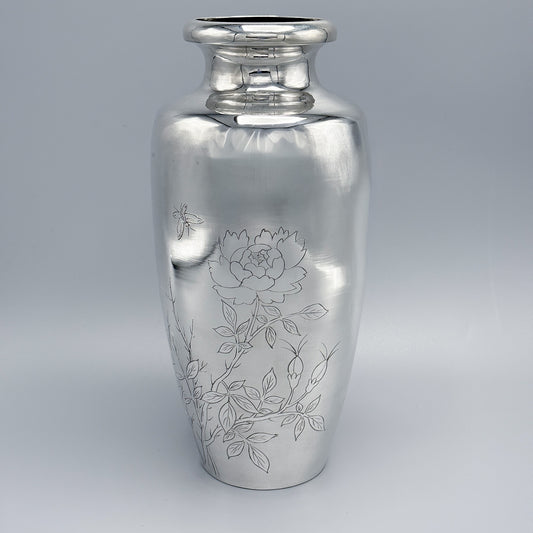 Japanese Sterling Silver Vase 1954 with Floral Engraving