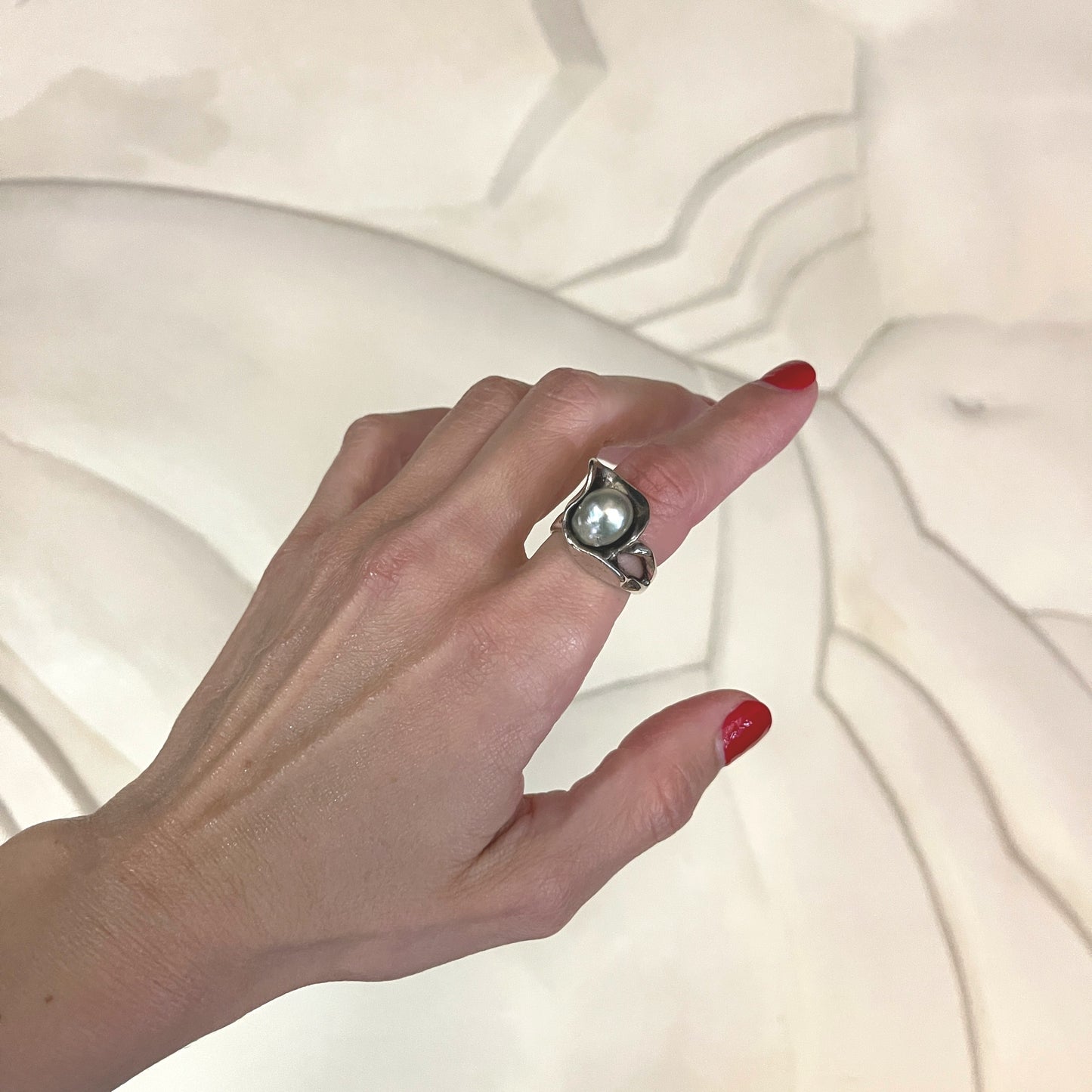 Estate Sterling Silver Clam with Pearl Ring by Phyllis Sklar