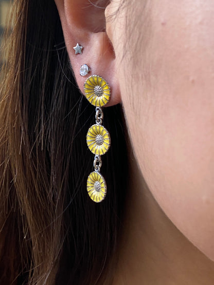 Estate Georg Jensen Sterling Silver and Enamel Marguerite Yellow Pierced Daisy Pierced Earrings