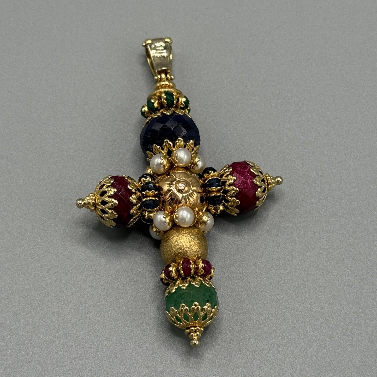 Sun Day Cross Pendant with Gemstones 18KT Yellow Gold by Siciliano Gioielli