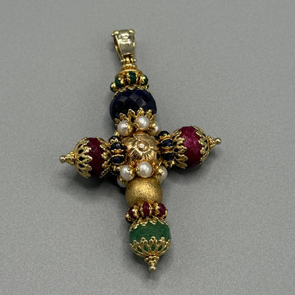 Sun Day Cross Pendant with Gemstones 18KT Yellow Gold by Siciliano Gioielli