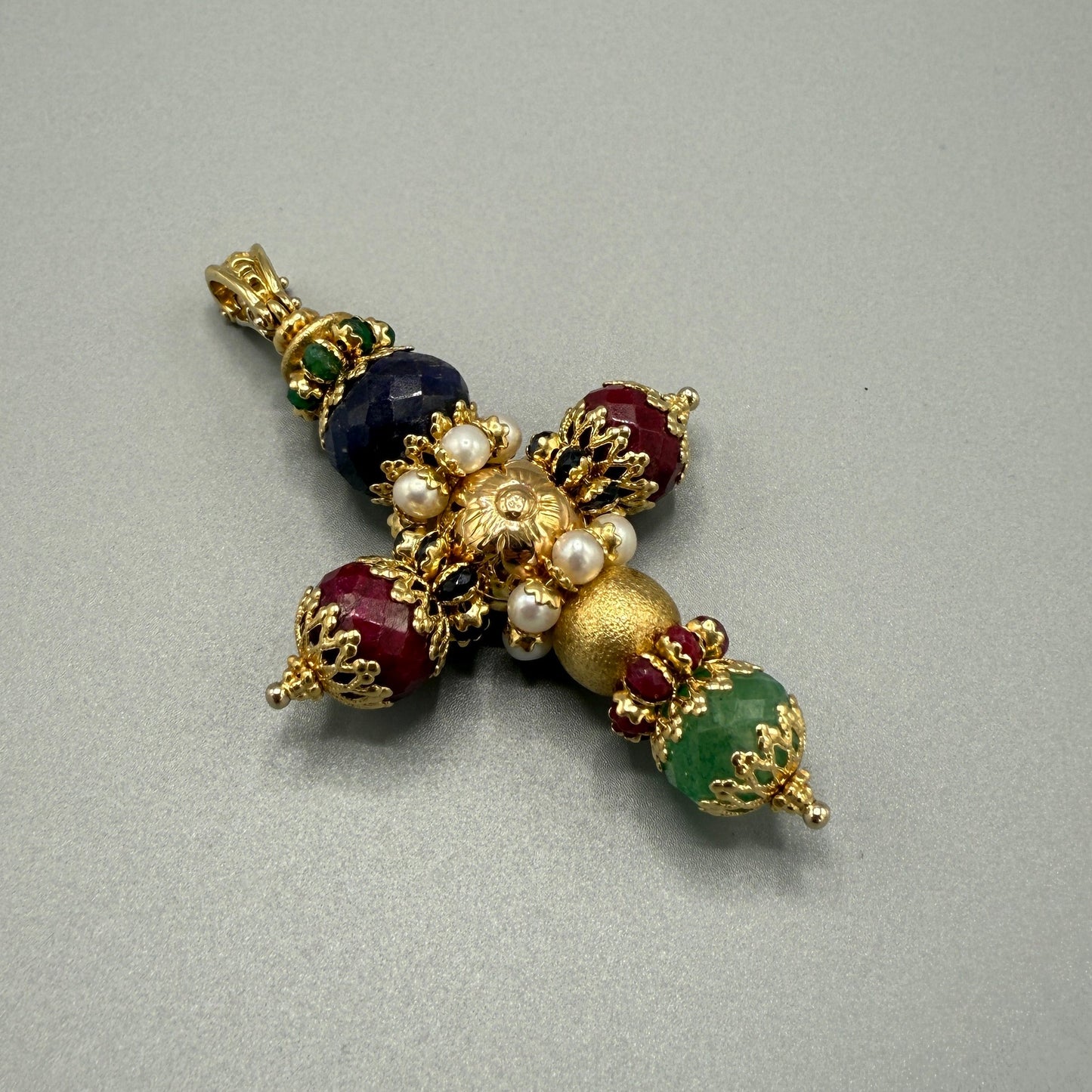 Sun Day Cross Pendant with Gemstones 18KT Yellow Gold by Siciliano Gioielli