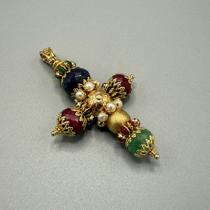 Sun Day Cross Pendant with Gemstones 18KT Yellow Gold by Siciliano Gioielli