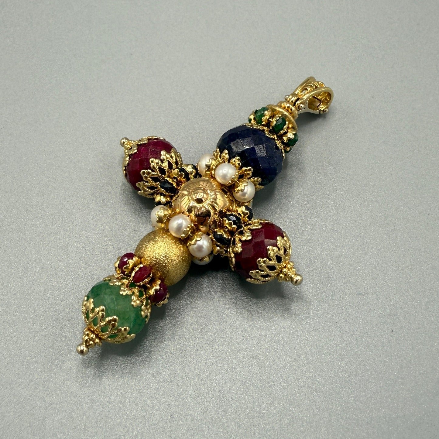 Sun Day Cross Pendant with Gemstones 18KT Yellow Gold by Siciliano Gioielli