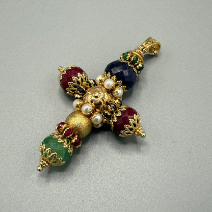 Sun Day Cross Pendant with Gemstones 18KT Yellow Gold by Siciliano Gioielli