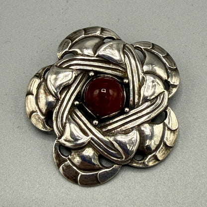 Estate Georg Jensen Sterling Silver Rare Art Nouveau Brooch with Carnelian No 12