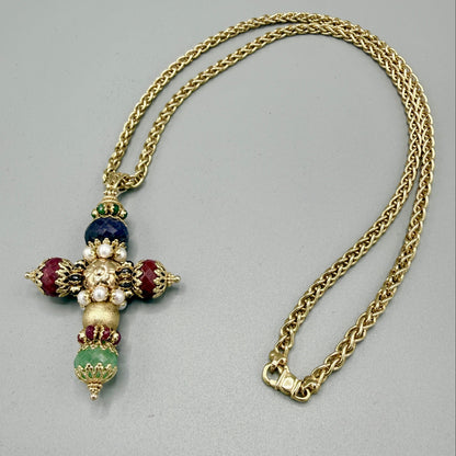 Sun Day Cross Pendant with Gemstones 18KT Yellow Gold by Siciliano Gioielli