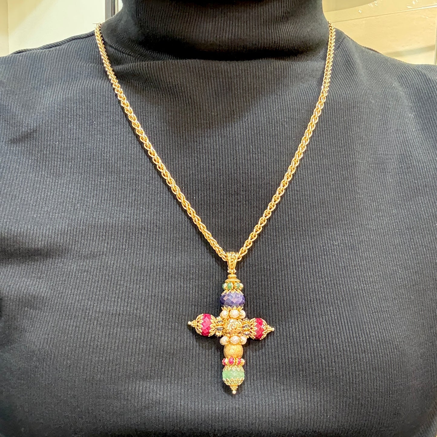 Sun Day Cross Pendant with Gemstones 18KT Yellow Gold by Siciliano Gioielli