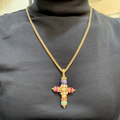 Sun Day Cross Pendant with Gemstones 18KT Yellow Gold by Siciliano Gioielli