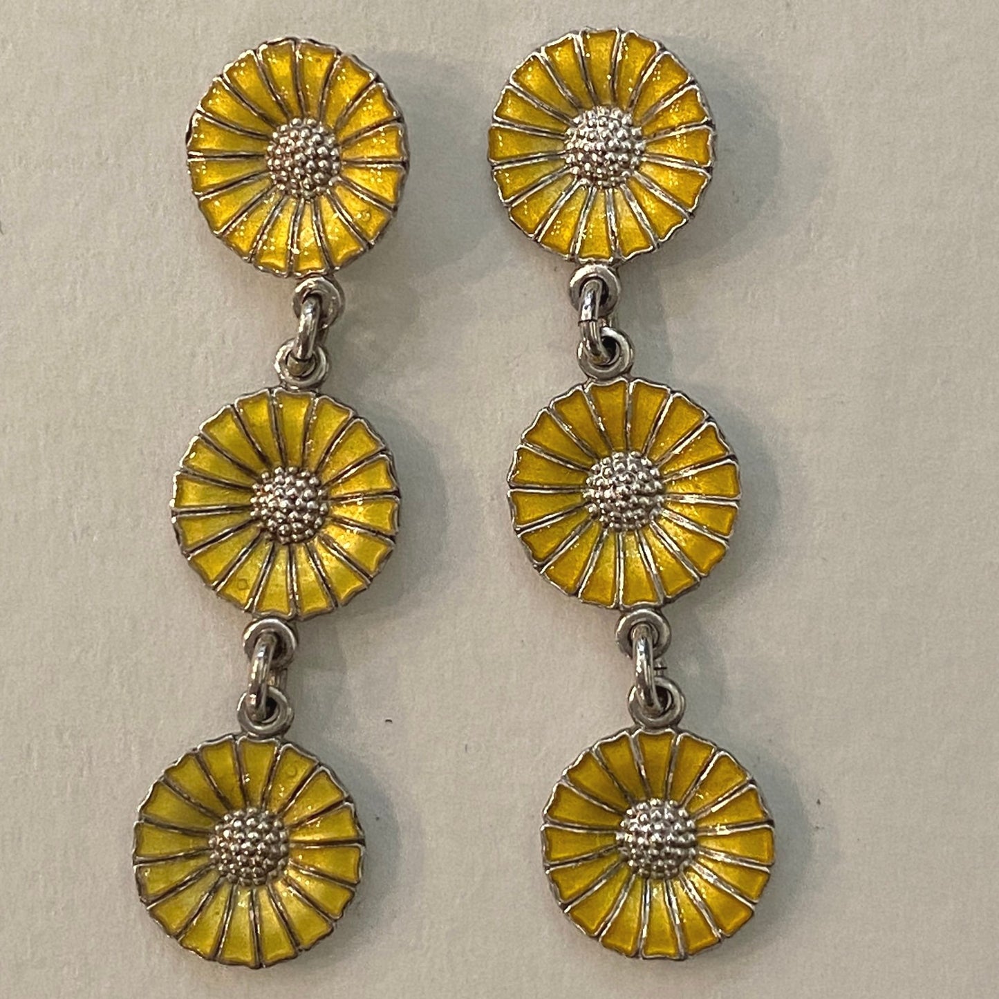 Estate Georg Jensen Sterling Silver and Enamel Marguerite Yellow Pierced Daisy Pierced Earrings