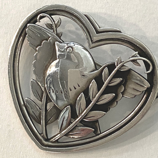 Estate Georg Jensen Sterling Silver Heart and Bird Brooch by Arno Malinowski No. 239