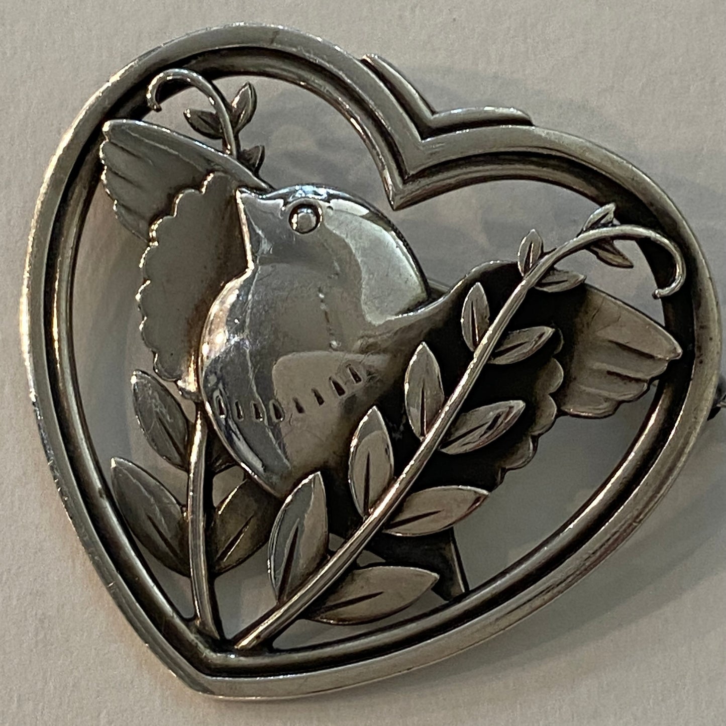 Estate Georg Jensen Sterling Silver Heart and Bird Brooch by Arno Malinowski No. 239