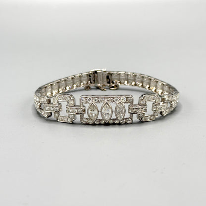 Estate Diamond Tennis Bracelet with Three Marquise Center Stones in Platinum
