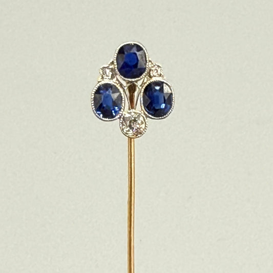 Estate Platinum and Yellow Gold Edwardian Three Sapphire and Three European Diamond Stick Pin