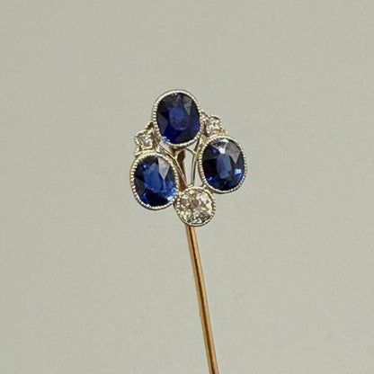 Estate Platinum and Yellow Gold Edwardian Three Sapphire and Three European Diamond Stick Pin