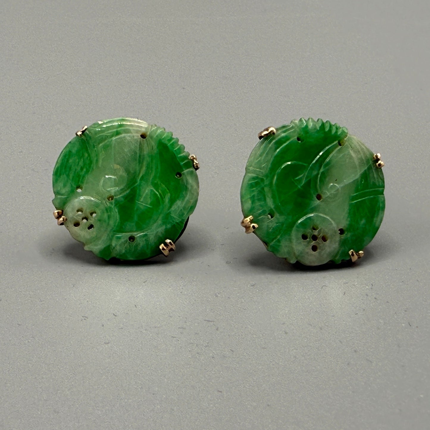 Estate Certified Jadeite Carved Pendants with 14kt Gold Bezels Earrings